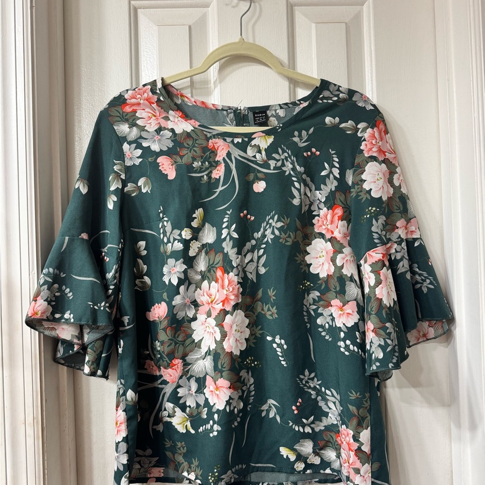 SHEIN Dark Green Floral Blouse